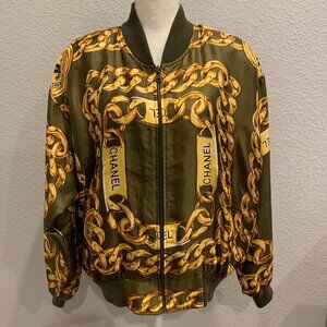 Vintage Silk Chanel Bomber Jacket Gold Chains Coat CC Logo Graphic 80s Large